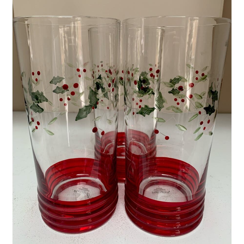 3 NWOB Pfaltzgraff Winterberry Cooler Glasses Holley Berries Etched Handpainted